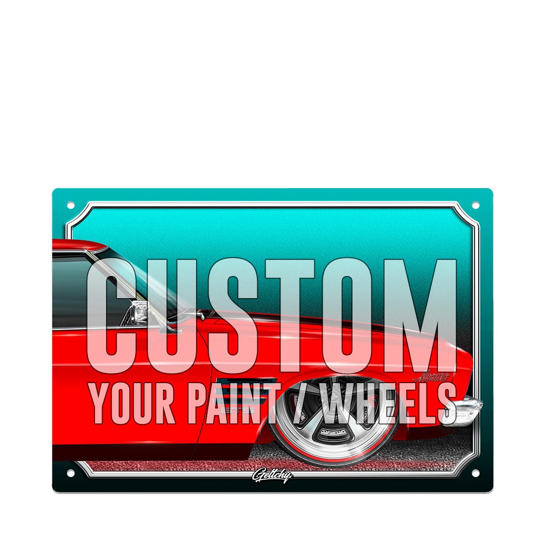 Custom Holden HQ GTS Monaro tin sign with personalised paint colour and wheels - Australian muscle car art customisation