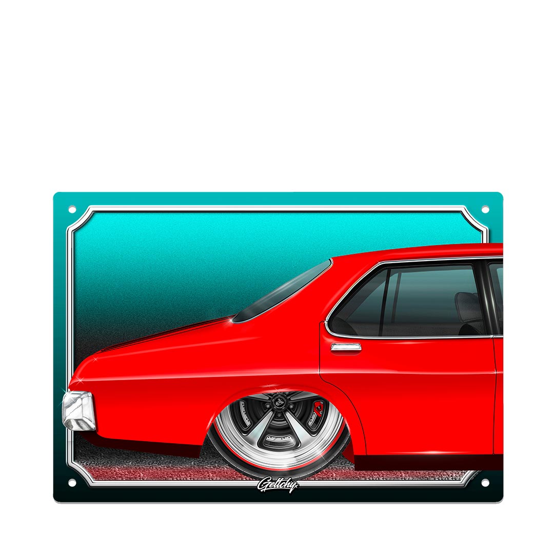 Holden HQ GTS Monaro Salamanca Red rear view tin sign - Premium Australian automotive art man cave garage decor