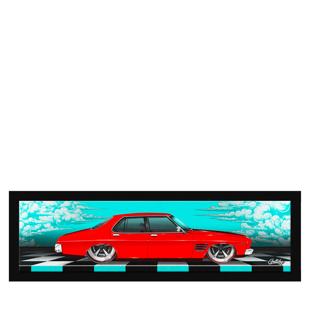 Holden HQ Monaro bar runner mat in Salamanca Red, illustrated by Geltchy