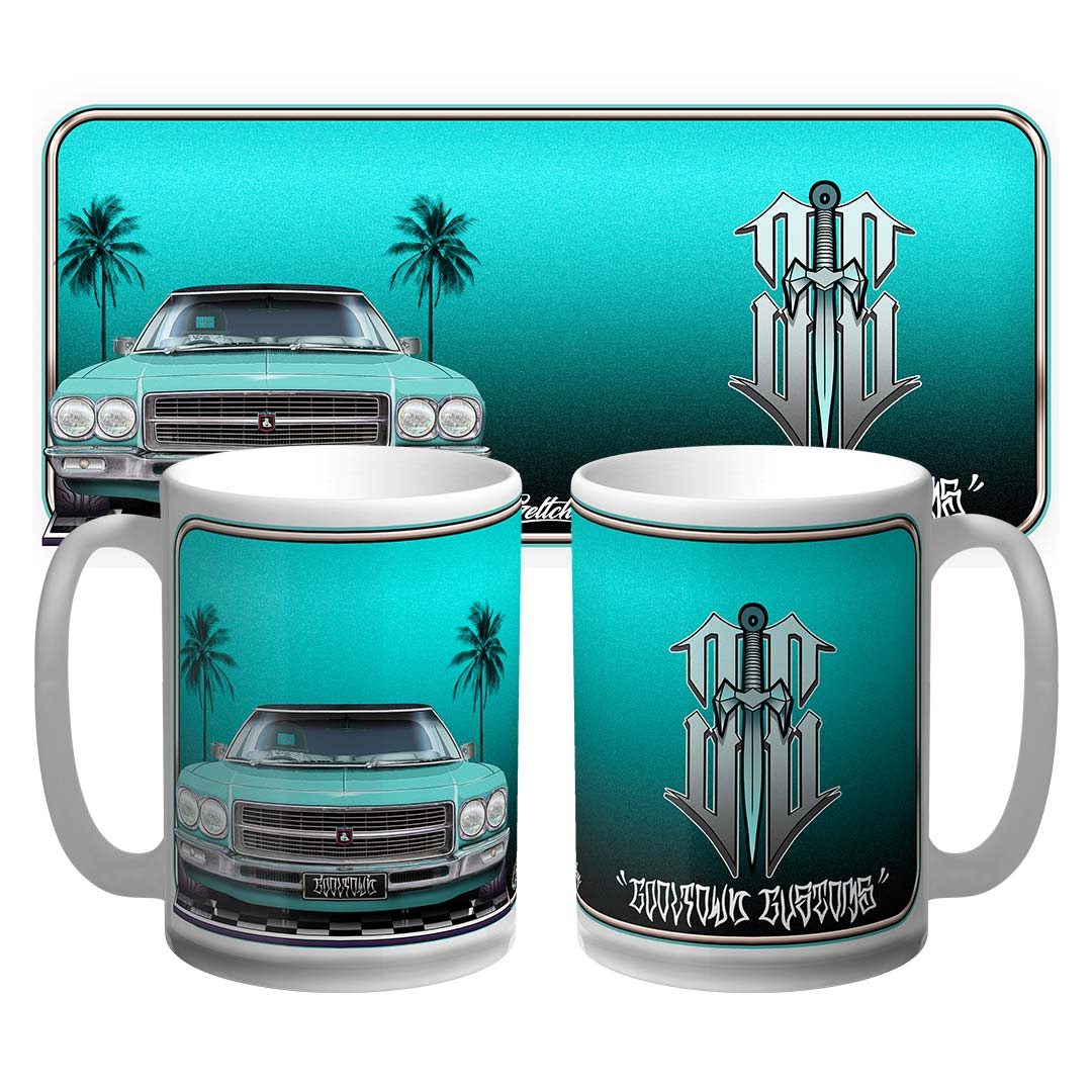 Hand-illustrated Holden HQ Monaro LS coffee mug in Taormina Blue with tropical palms, featuring 5.7L GMH engine design by Mark Geltch