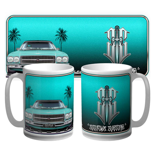 Hand-illustrated Holden HQ Monaro LS coffee mug in Taormina Blue with tropical palms, featuring 5.7L GMH engine design by Mark Geltch
