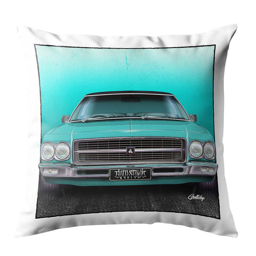 Holden HQ Monaro LS Throw Pillow Cushion in Taormina Blue, Hand-illustrated Classic Australian Muscle Car Design by Mark Geltch for Man Cave Decor