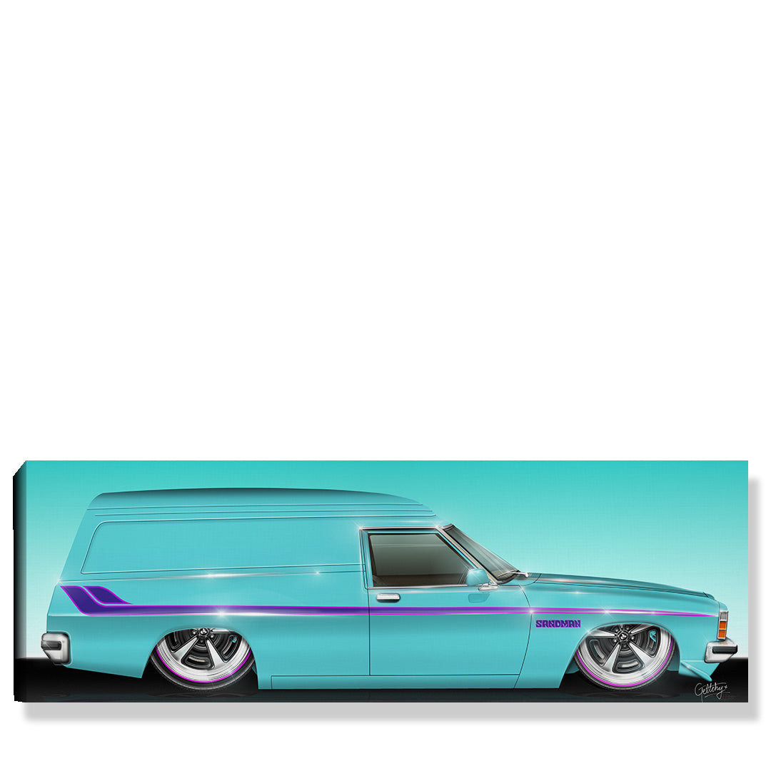 Limited Edition Holden HZ Sandman Panel Van in Aquarius Blue with custom wheels and Sandman graphics, illustrated by Mark Geltch