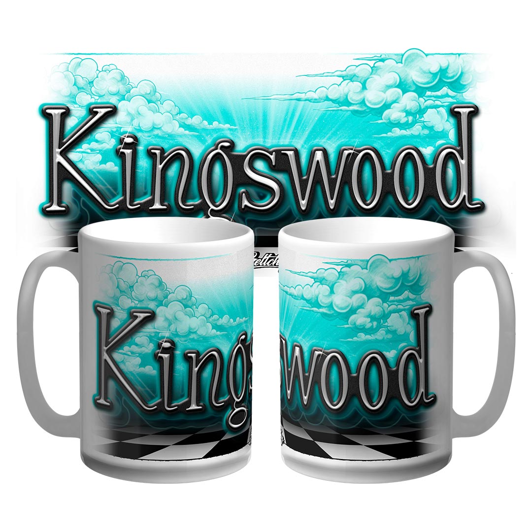 Holden Kingswood mug 15oz with chrome Kingswood badge lettering on teal clouds and a chequered floor, Australian made by Geltchy