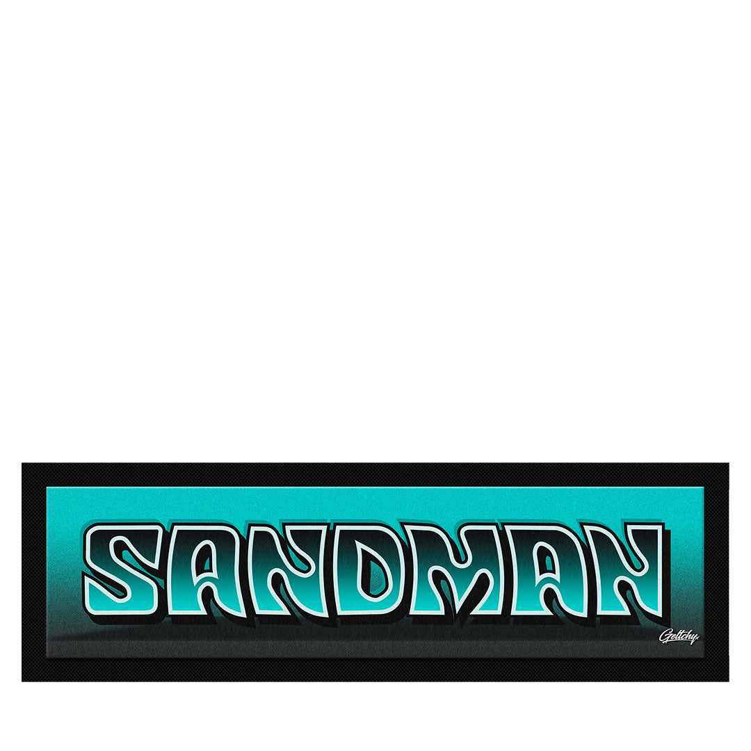 Holden Sandman Bar Runner Mat in black and turquoise SANDMAN lettering, limited edition 890mm Australian made by Geltchy