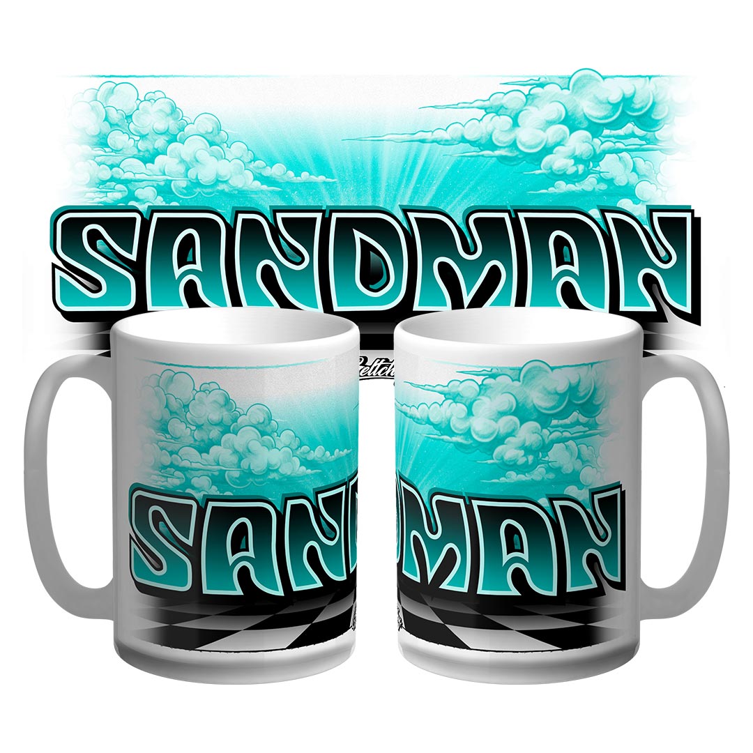 Holden Sandman mug 15oz Australian made, teal airbrush clouds with black and teal SANDMAN lettering and chequered floor, hand-illustrated by Mark Geltch