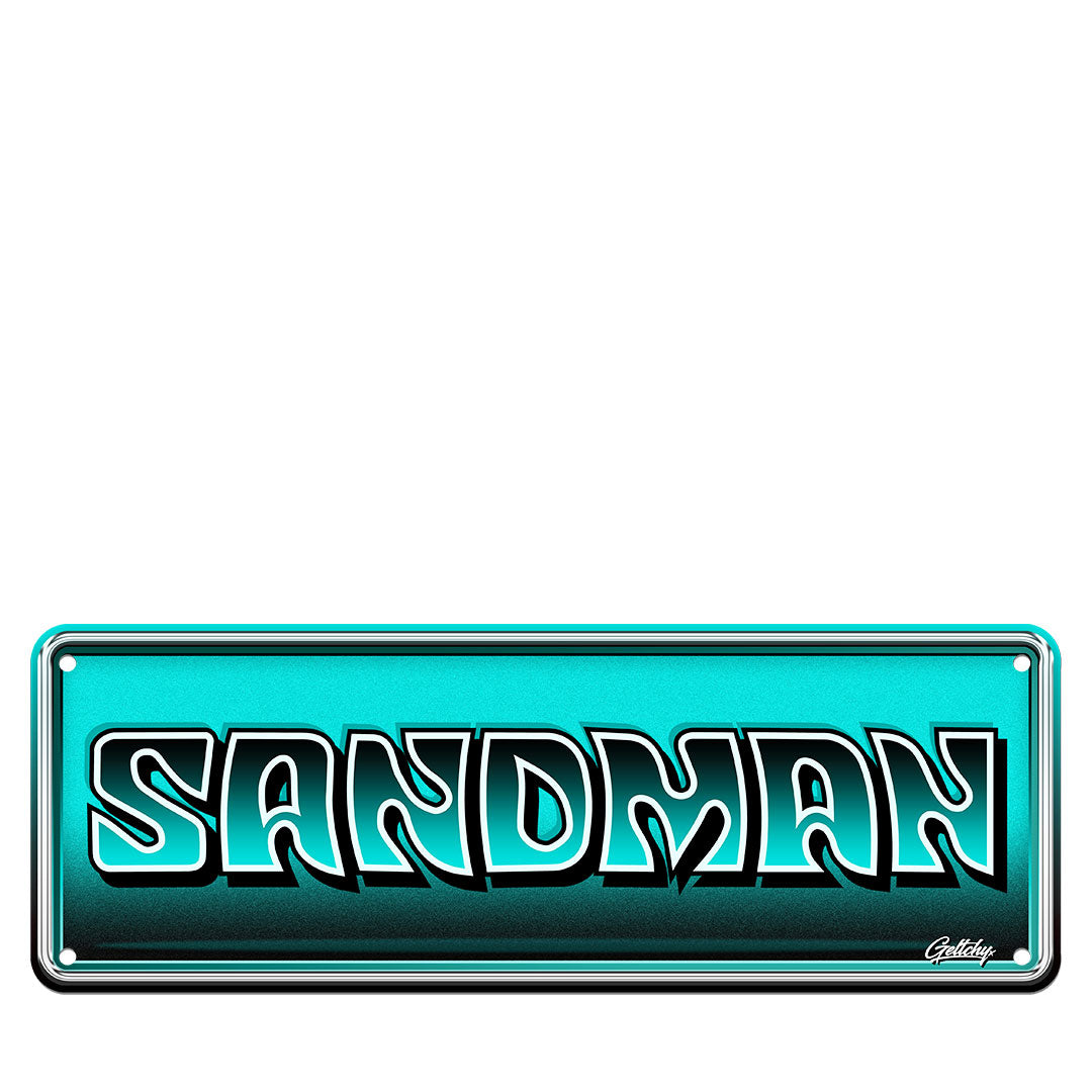 Holden Sandman number plate sign with teal SANDMAN lettering, Aussie-made aluminium man cave wall decor