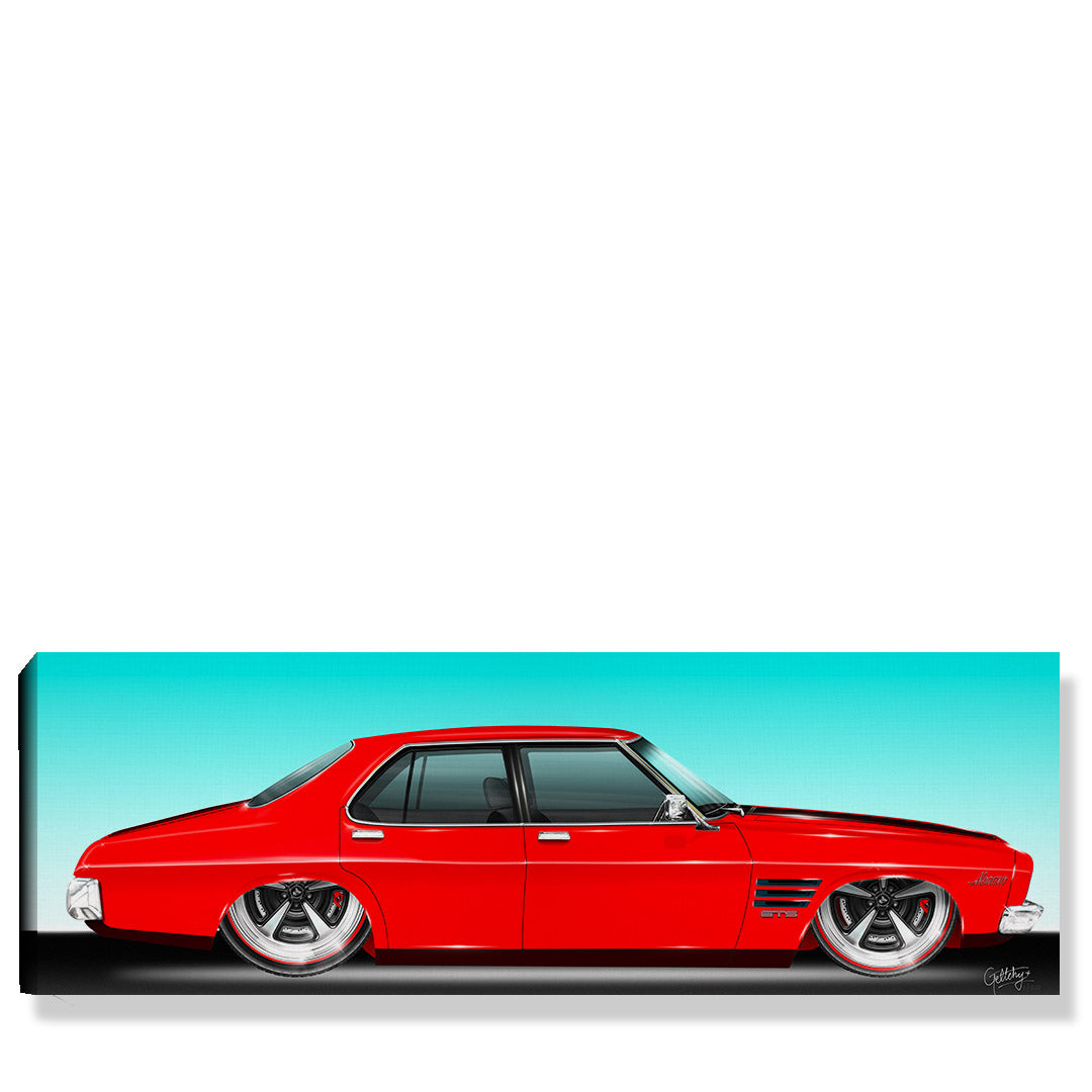 Holden wall art of a Holden HQ GTS Monaro 4 door in Salamanca Red, limited edition panoramic canvas print signed and numbered by Mark Geltch.