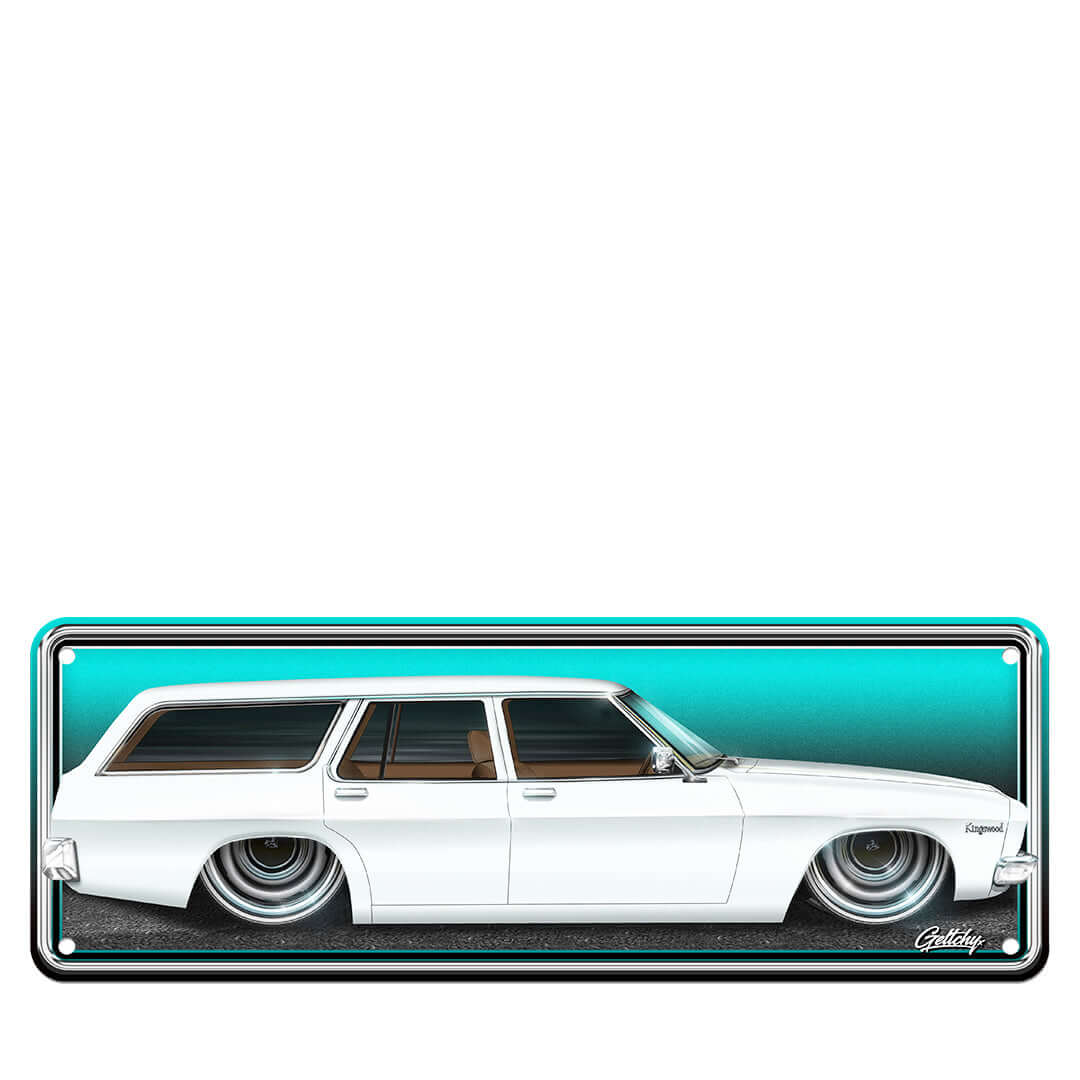 HQ Holden Kingswood Glacier White number plate sign – premium aluminium, hand-illustrated, Australian made man cave decor by Mark Geltch