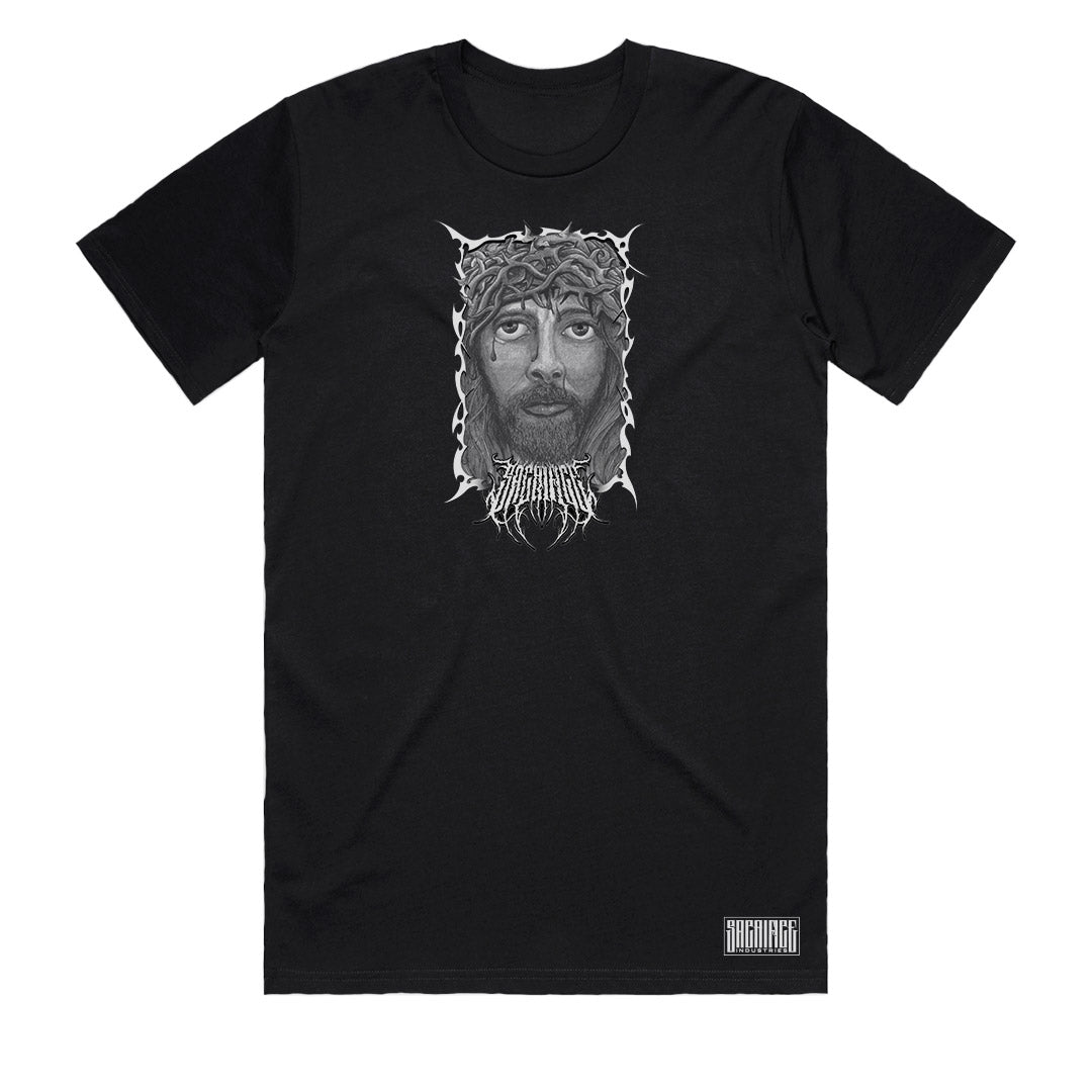 Jesus crucifixion t-shirt for men by Sacrifice Industries, black Christian streetwear graphic tee with Crown of Thorns front print