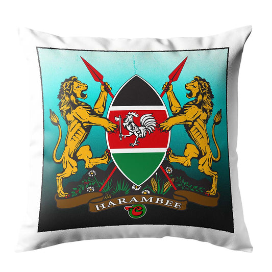 Premium Kenyan Coat of Arms white linen throw pillow cushion, 45cm square, Australian-made by Geltchy featuring high-definition crest design