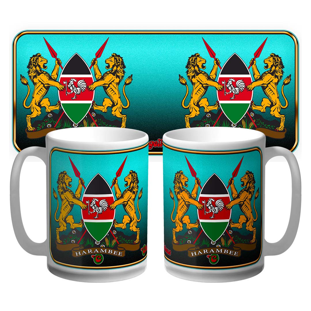 Illustrated Kenyan Coat of Arms 15oz premium ceramic coffee mug designed by Sunshine Coast artist Mark Geltch, featuring traditional crest artwork on white ceramic, Australian-made