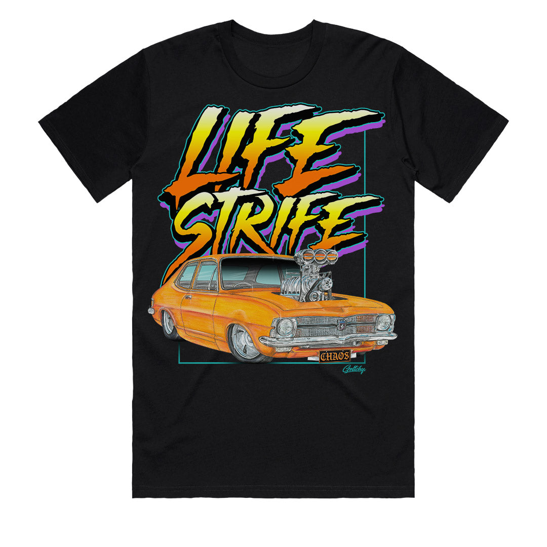 Hand-illustrated Blown Orange LC Torana Street Machine on black t-shirt by Australian automotive artist Mark Geltchy, featuring custom Holden muscle car artwork