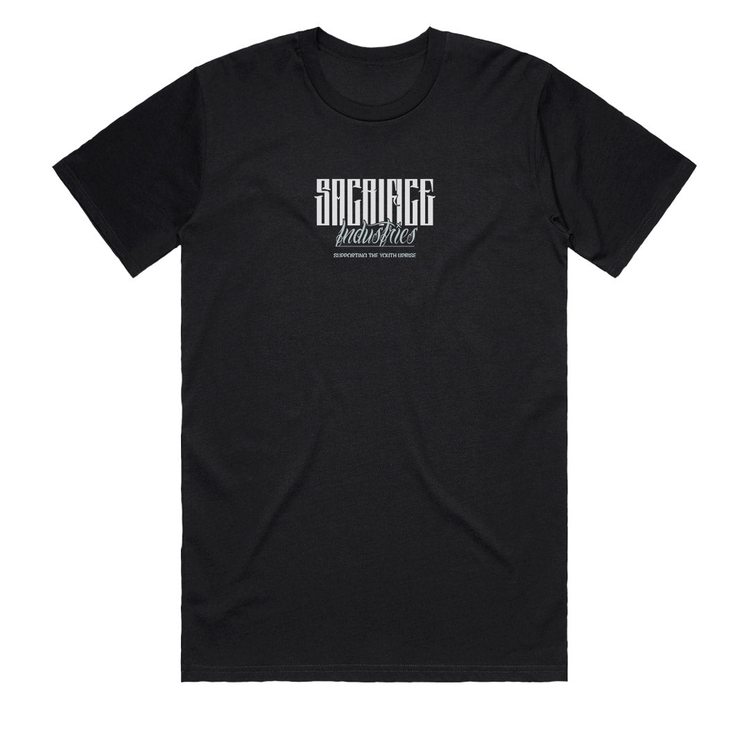 Mens Premium Graphic Tee Curated Chaos front view black SACRIFICE Industries logo