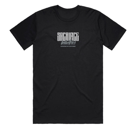 Mens Premium Graphic Tee Curated Chaos front view black SACRIFICE Industries logo
