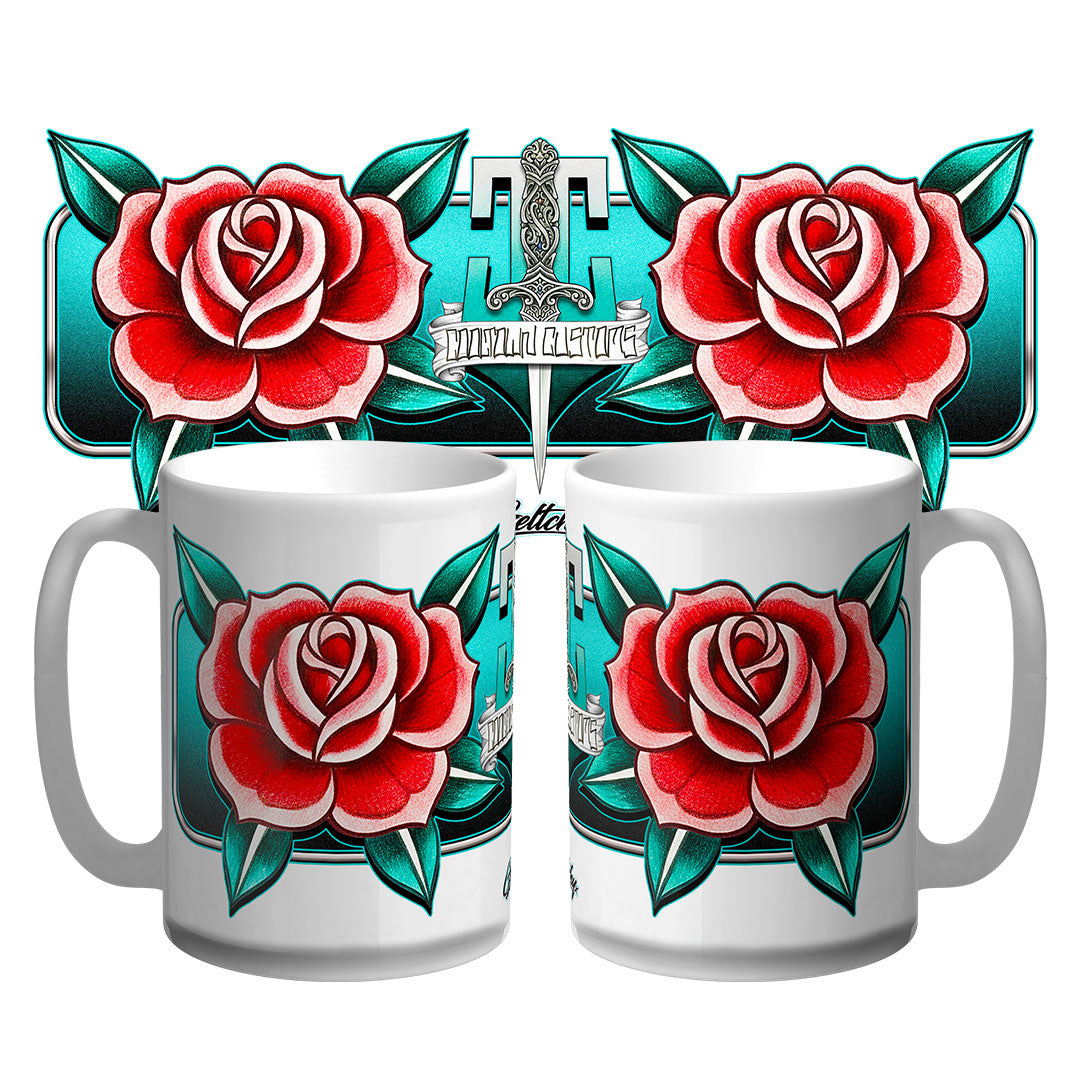 Neo Traditional Rose Tattoo Flash Premium 15oz Coffee Mug – Australian-Made Cooltown Customs Collectible