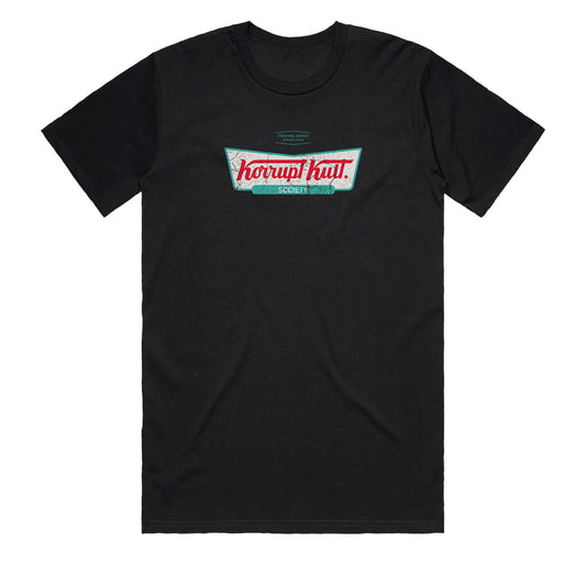 Retro logo t-shirt Korrupt Kult Society men’s black graphic tee front view