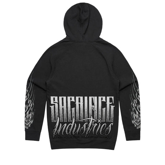 SACRIFICE Industries Homura Pullover Hoodie back view with oversized logo print