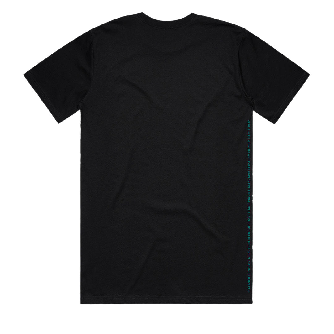 Sacrifice Industries t-shirt back print slogan on men’s black heavyweight tee