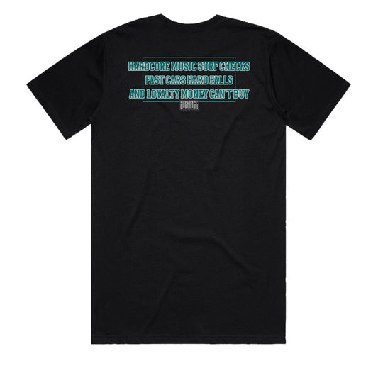 Sacrifice Industries t-shirt back print slogan on men’s black heavyweight tee
