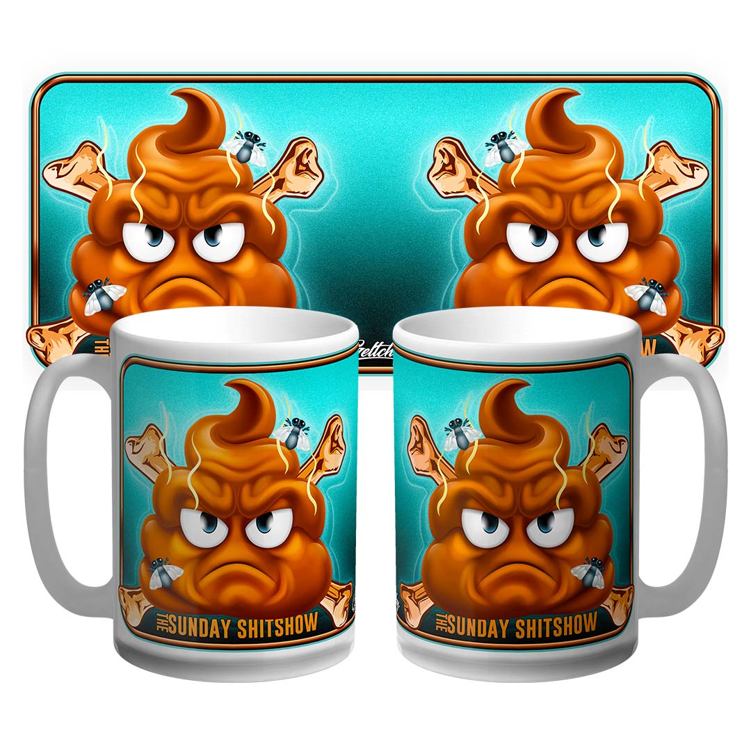 The Sunday SHITSHOW Official Podcast Coffee Mug - 15oz ceramic mug designed by Mark Geltch, Sunshine Coast artist.