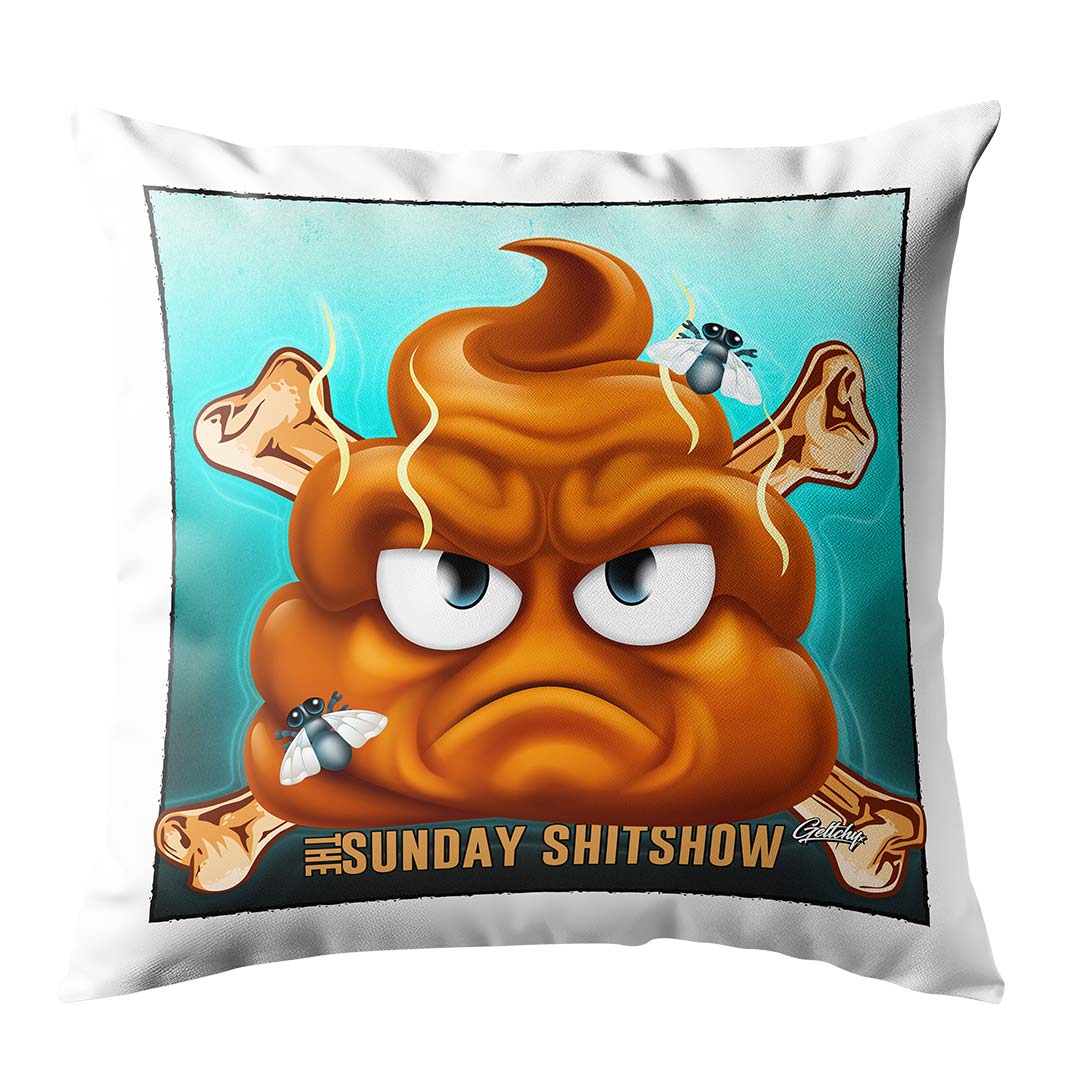 The Sunday SHITSHOW Throw Pillow Cushion featuring an illustrated Design by Mark Geltch, Australian Artist Podcast Series Merchandise