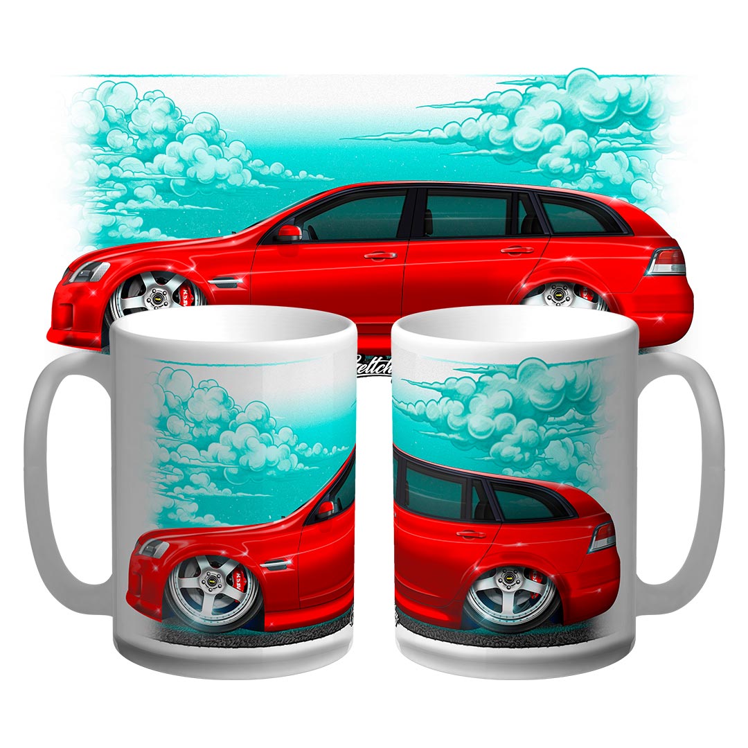 VE Commodore wagon mug in Sting Red, 15oz Australian-made ceramic coffee mug with wraparound hand-illustrated print by Geltchy