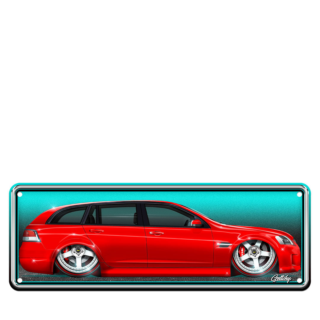 VE Commodore wagon number plate sign in Sting Red man cave wall decor on aluminium (Australian standard size)