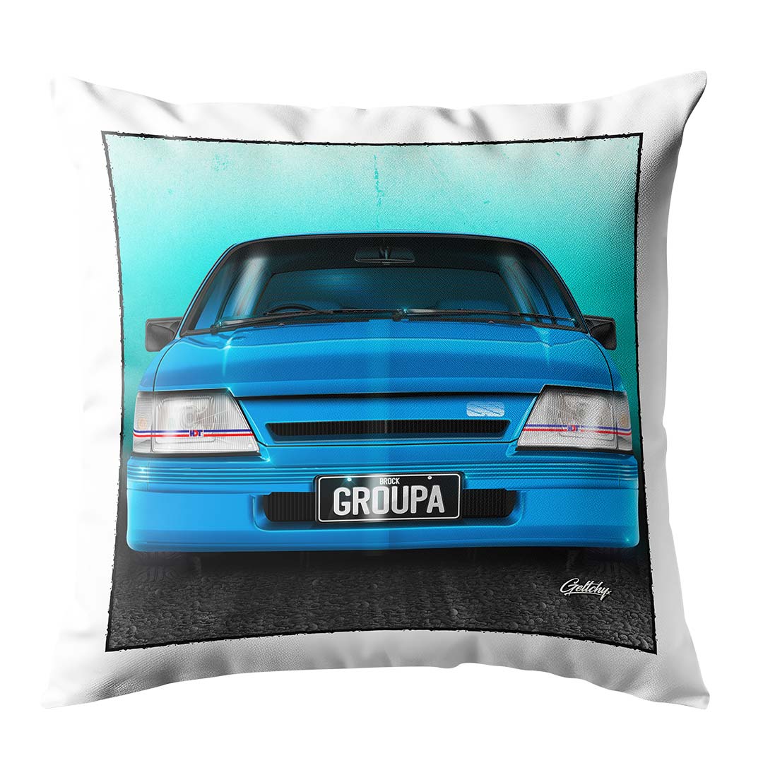 VK Holden Commodore Group A SS Blue Meanie Throw Pillow Cushion, Hand-illustrated Australian Muscle Car Design by Mark Geltch for Man Cave Decor