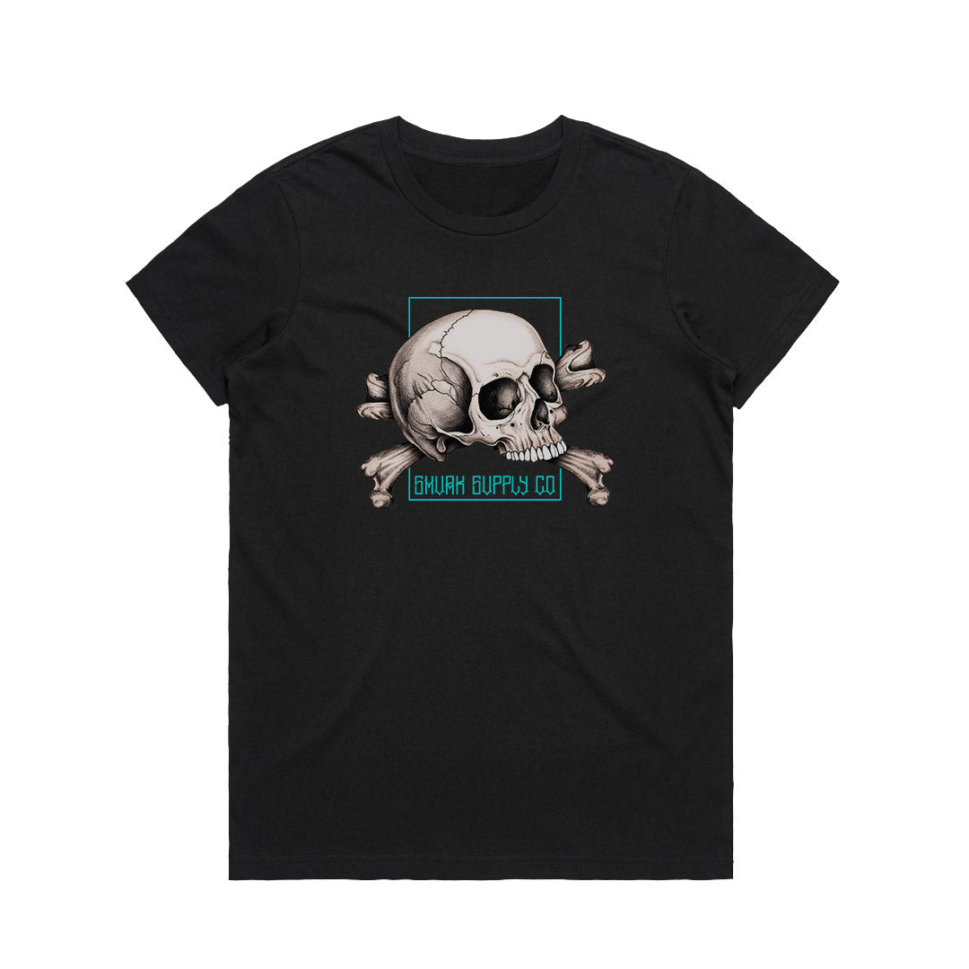 womens skull graphic tee No Mercy Doll black SMVRK Supply Co x Geltchy women’s alternative streetwear front view