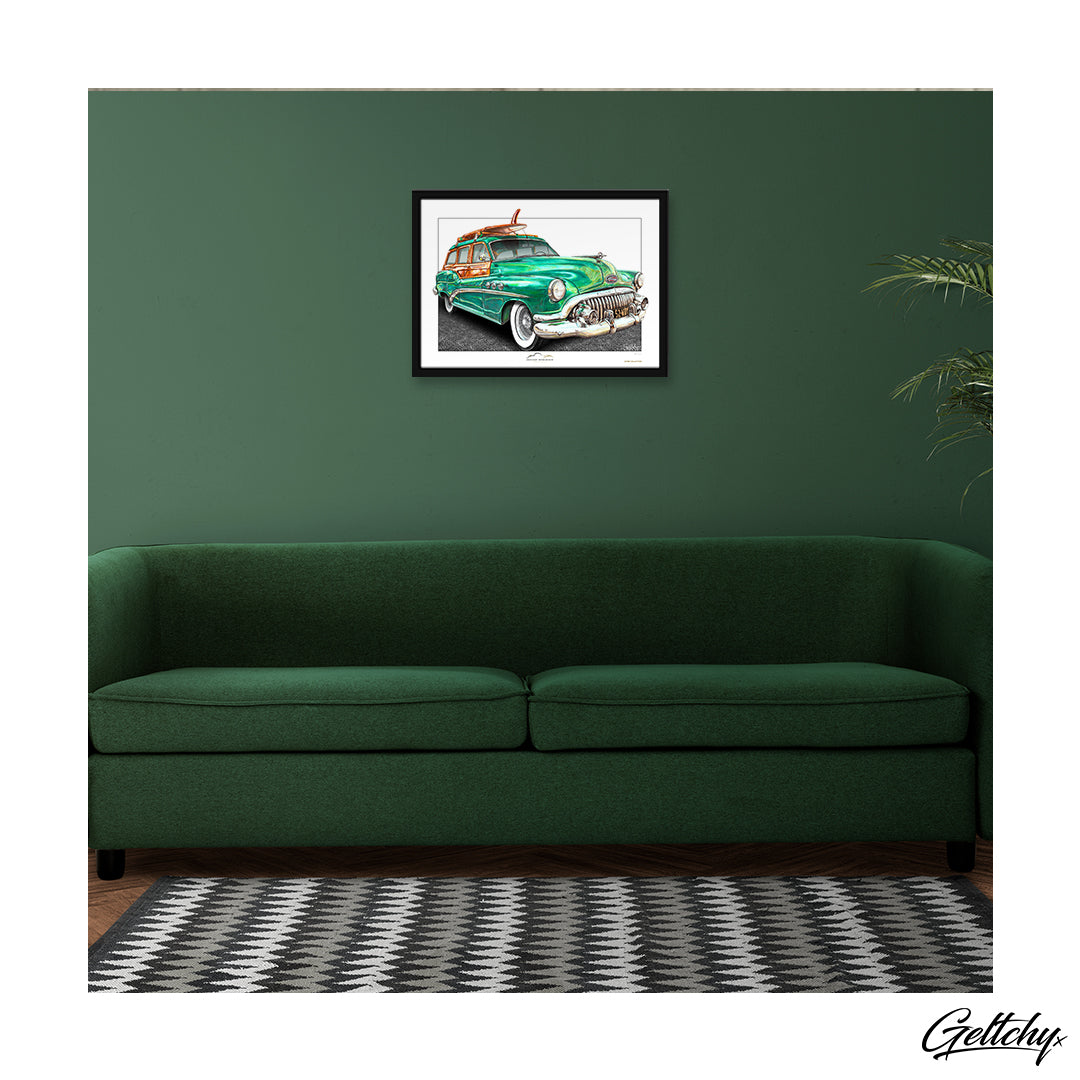 Geltchy | 1952 BUICK WOODY Green Surf Wagon GCMM Classic Car Collector Fine Art Living Room Green Home Decor Lifestyle Framed Artwork