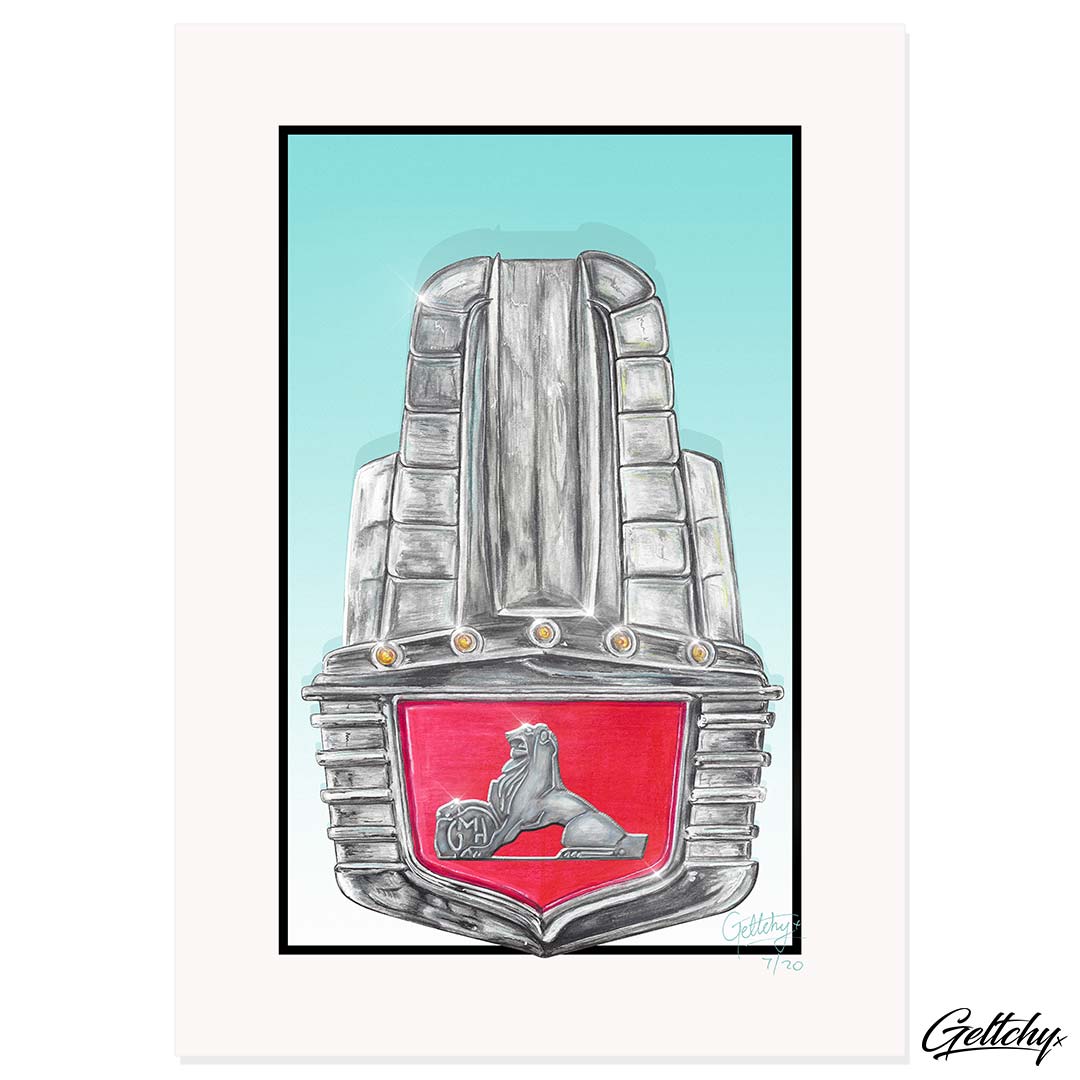 Geltchy | 1953 FJ General Motors Holden GMH Aussie Car Badge Memorabilia Collector Garage Man Cave Art Fine Art Prints For Sale