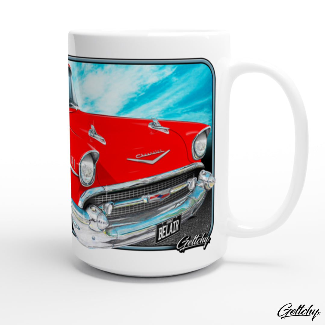 Geltchy | 1957 Chevrolet Bel Air Red Street Machine Illustrated 15oz Premium Large USA Classic Car Coffee Mug Gift-3