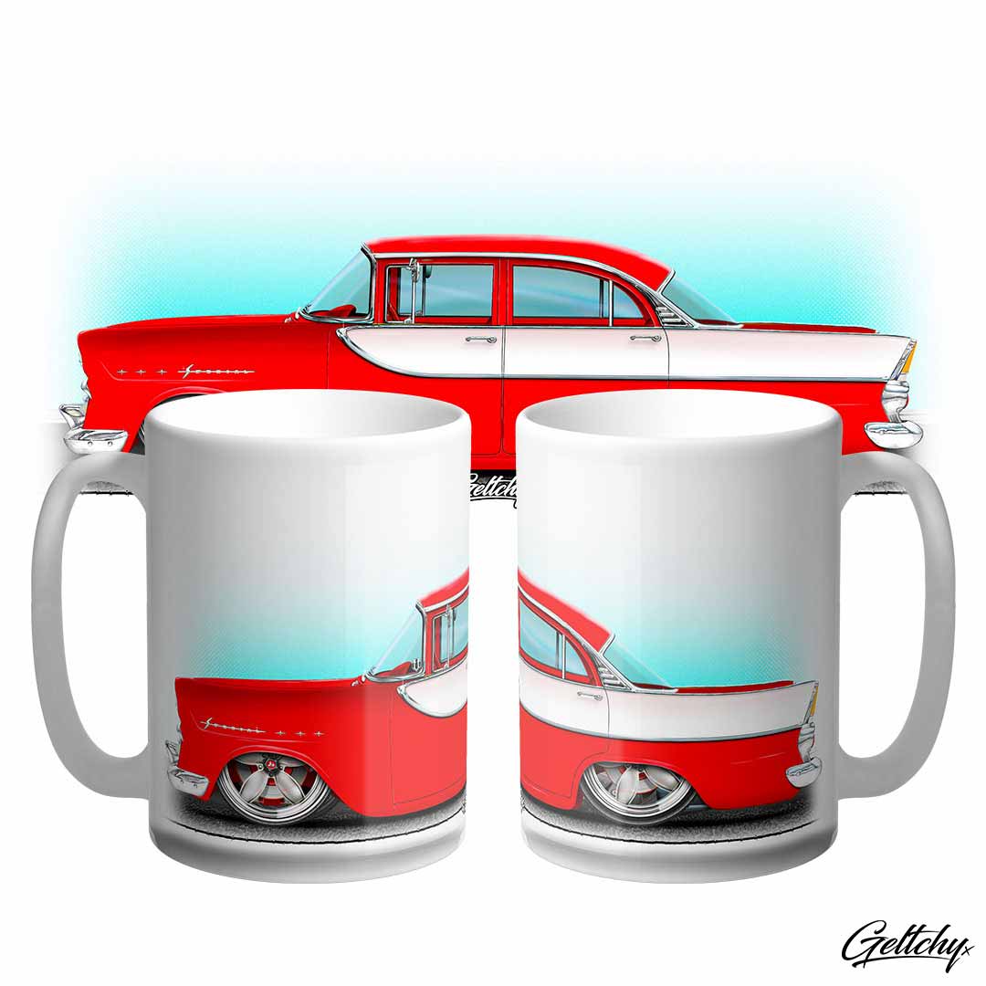 Geltchy | FB HOLDEN Special Large 15oz Slammed 1961 GMH Apache Red Sedan Street Machine Unique Auto Art Coffee Mug designed and made in Australia