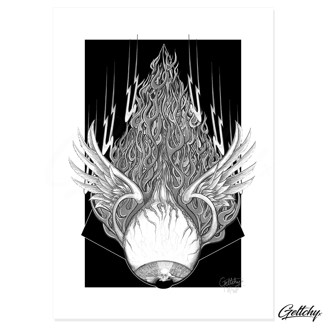 Geltchy | FUTURE SHOCK Kustom Kulture Hot Rod Surf Art Man Cave Flying Eye Flame Illustrated Artwork Print