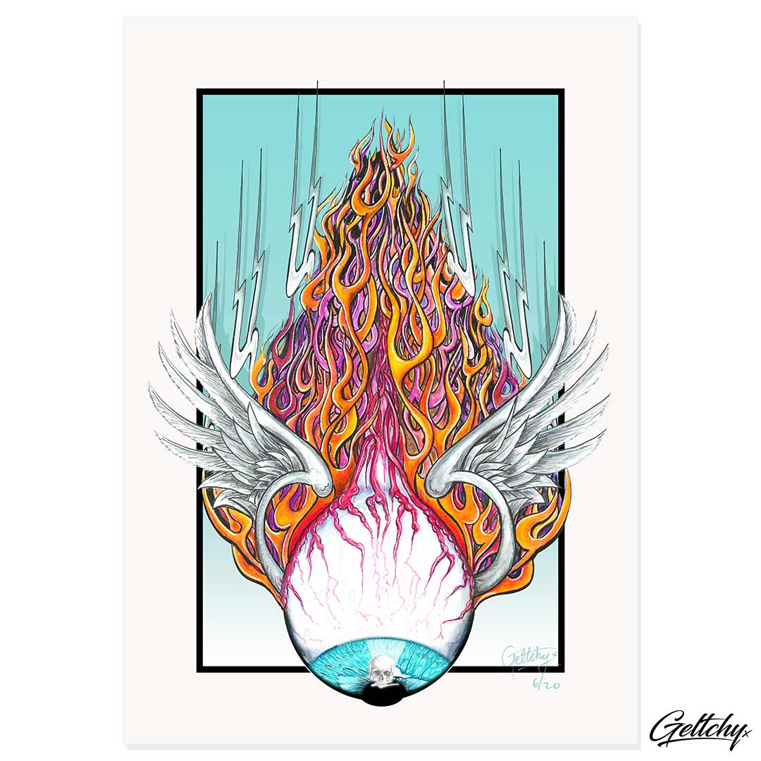 Flying Eyeball Rat Rod Lowbrow Kustom Kulture Hot Rod Flames Best Man Cave Art Illustrated Artwork Print