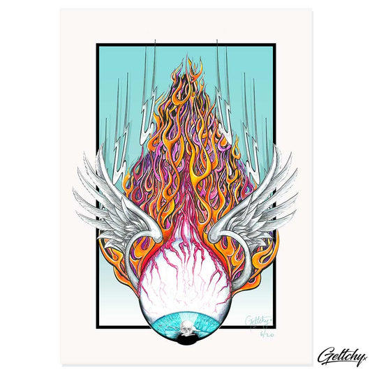 Flying Eyeball Rat Rod Lowbrow Kustom Kulture Hot Rod Flames Best Man Cave Art Illustrated Artwork Print