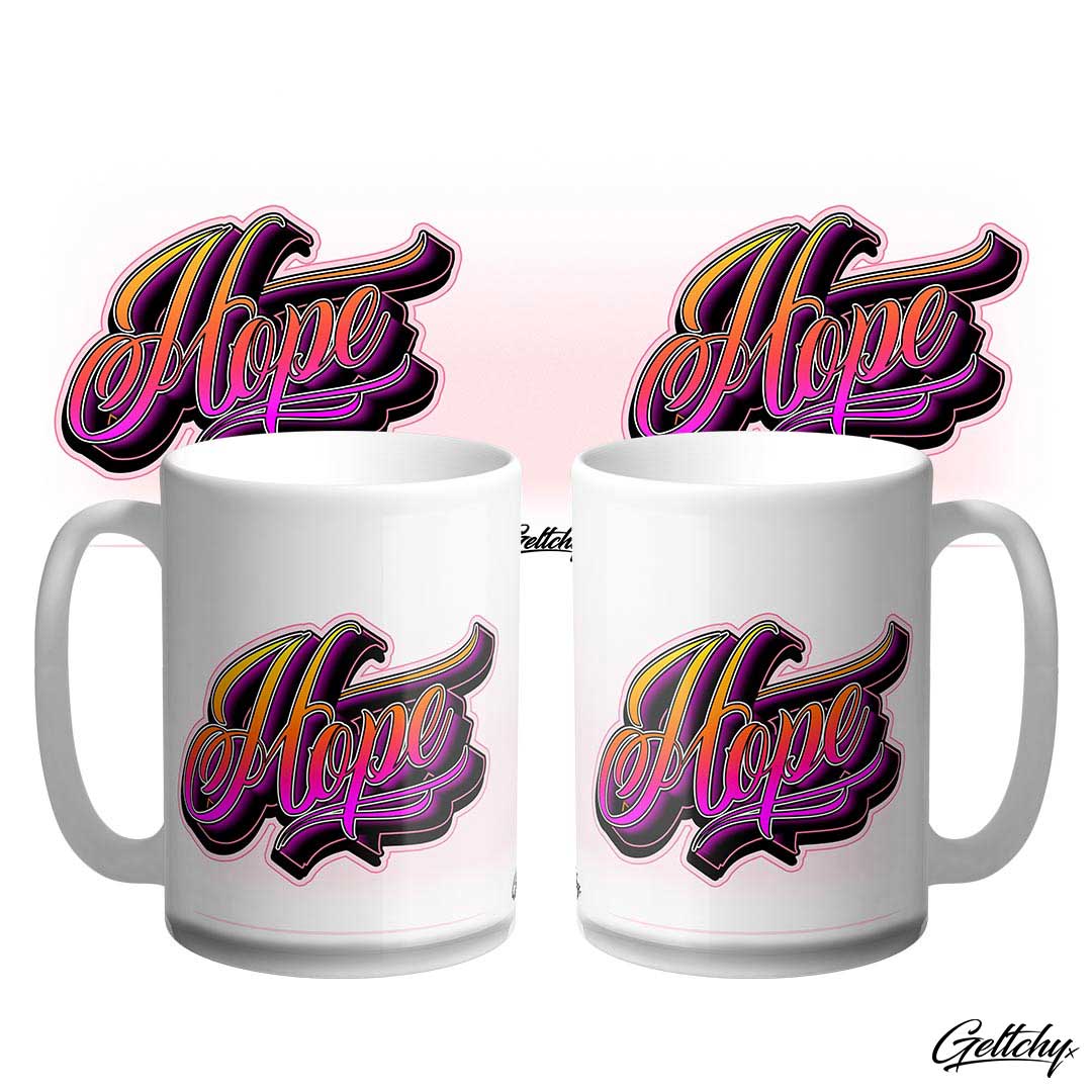 Geltchy | HOPE - Faith Hope Love 15oz Inspirational Home Decor Unique Tattoo Flash Typography Coffee Mug designed and made in Australia