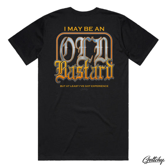 Geltchy | I May Be an OLD BASTARD but at Least I've Got Experience Mens Black Regular Fit Illustrated T-Shirt designed and printed in Australia Back