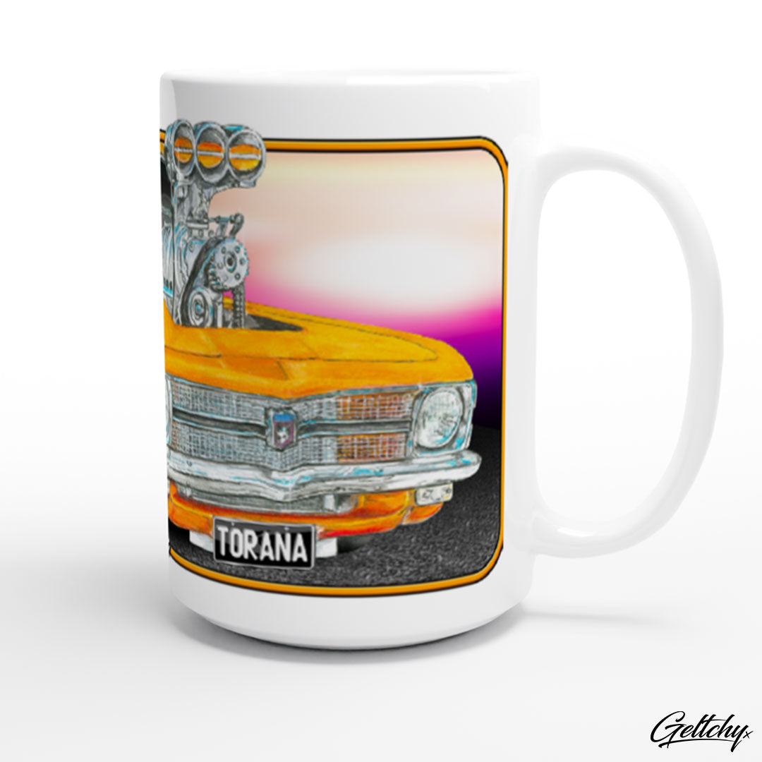 Geltchy | LC TORANA Holden Sebring Orange Supercharged Blown Street Machine Unique Lowbrow Illustrated Car 15oz Premium Coffee Mug Gift-3