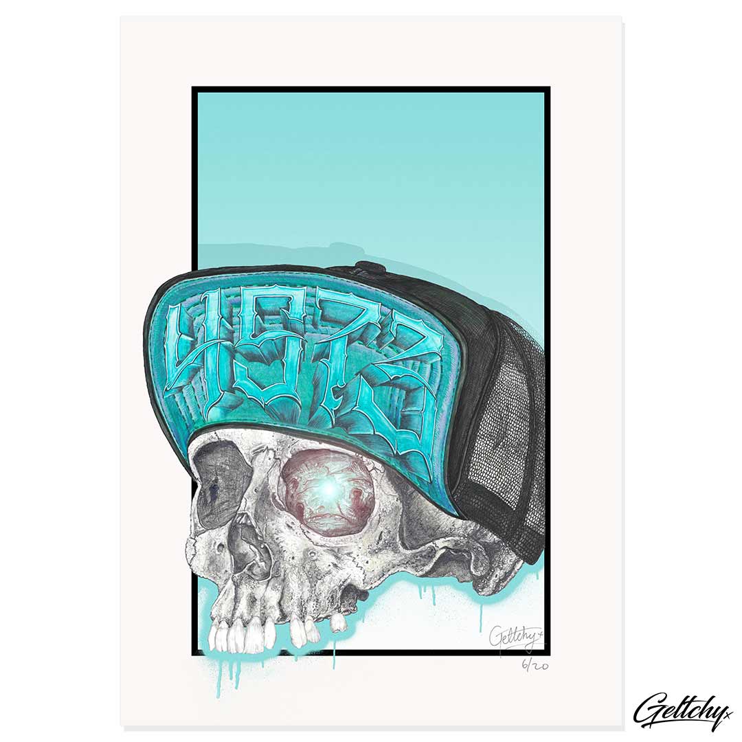 Geltchy | LURKER Skull Illustration Thrash Punk Rock Flipped Cap Skateboard Tattoo Prints Fine Artwork