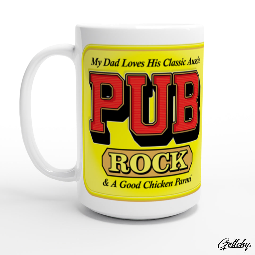 Geltchy MY DAD LOVES HIS CLASSIC AUSSIE PUB ROCK and a Good Chicken Parmi Old School Typography Lettering 15oz Premium Coffee Mug