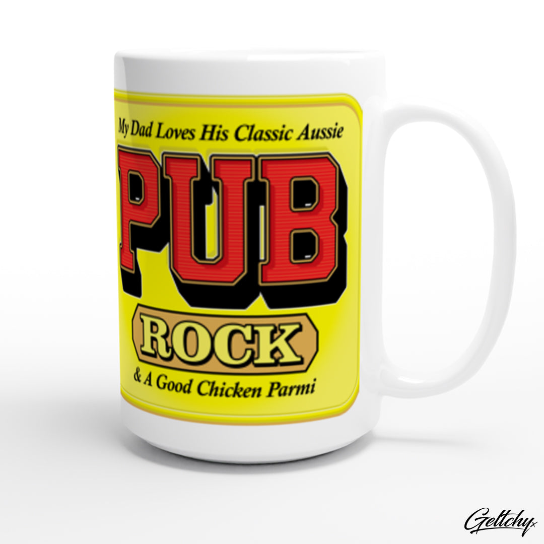 Geltchy MY DAD LOVES HIS CLASSIC AUSSIE PUB ROCK and a Good Chicken Parmi Old School Typography Lettering 15oz Premium Coffee Mug 3