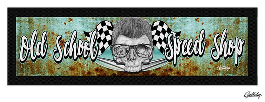 Geltchy | OLD SCHOOL RUST Bar Runner Rusty Skull and Typography Unique Lowbrow Illustrated Man Cave Rat Rod Barware Gift