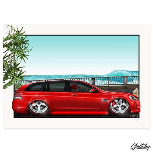 Geltchy | PERRY RED Slammed Holden VE Commodore Custom Wagon V8 Street Machine Coolum Beach Boardwalk Home Decor Artwork Prints