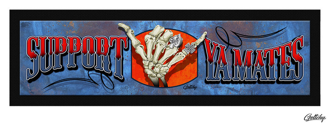 Geltchy | SUPPORT YA MATES Skeleton Shaka Blue Circus Typography Lettering Man Cave She Shed Visual Art Lowbrow Aussie Barware Gift