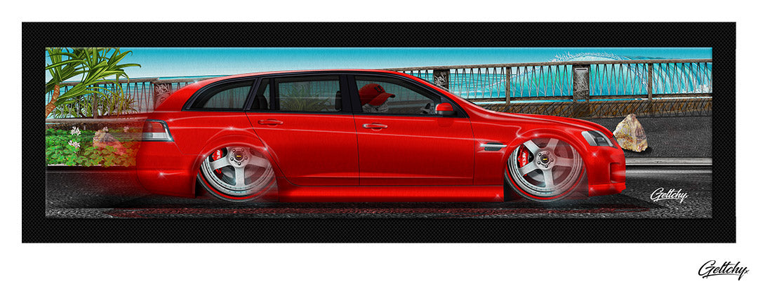 Geltchy | VE COMMODORE Bar Runner Mat GMH Sting/Hot Red Slammed V8 Street Machine Wagon Illustrated Car Man Cave Barware Gift
