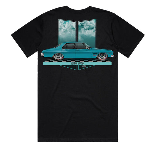 4 PLAY Holden HQ Monaro t-shirt back featuring oversized  hand-illustrated print of aquamarine blue HQ 4 Door GTS Monaro on checker floor background