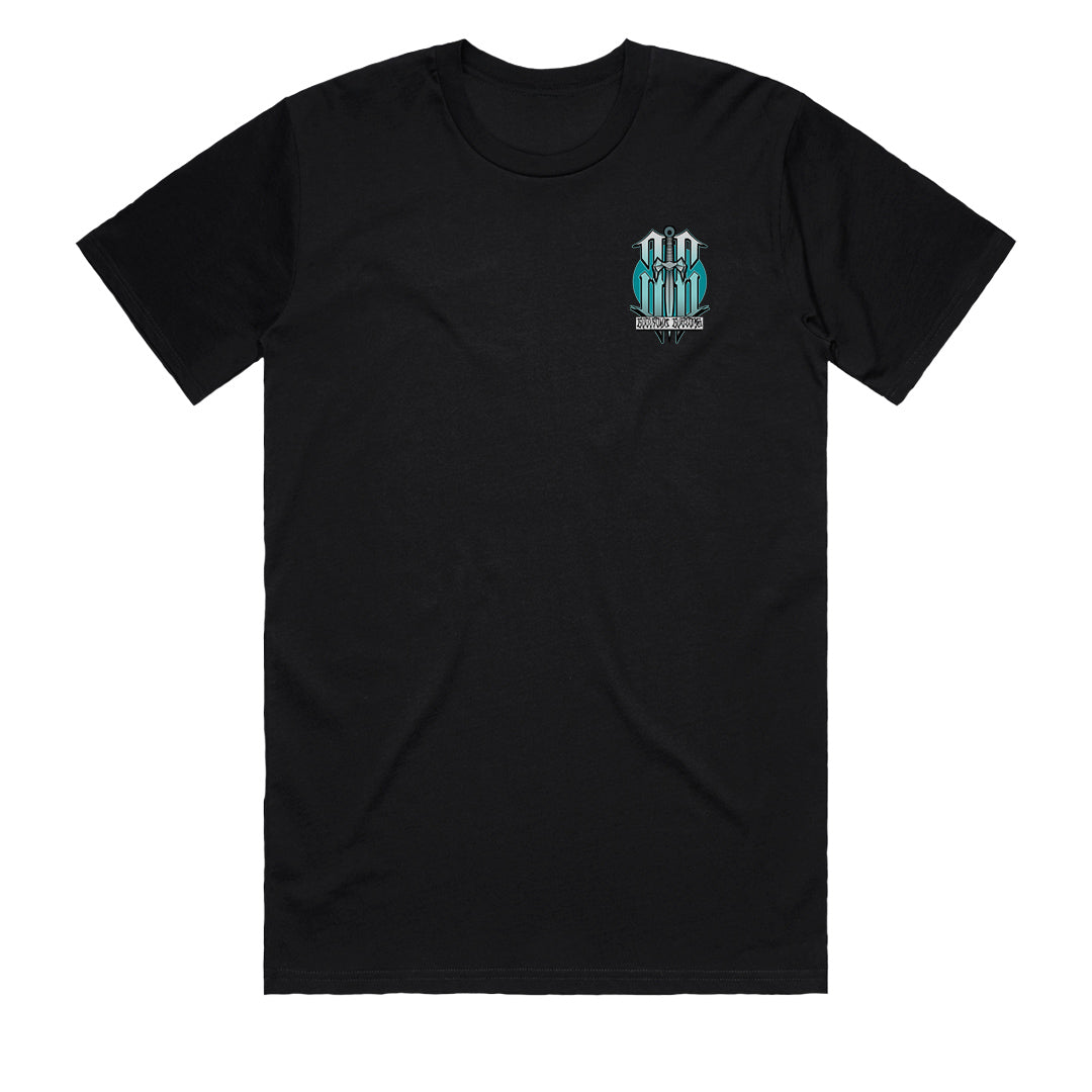 4 PLAY Holden HQ Monaro t-shirt front view in aquamarine blue featuring hand-illustrated Australian automotive art by Mark Geltch with Cooltown Customs chest logo