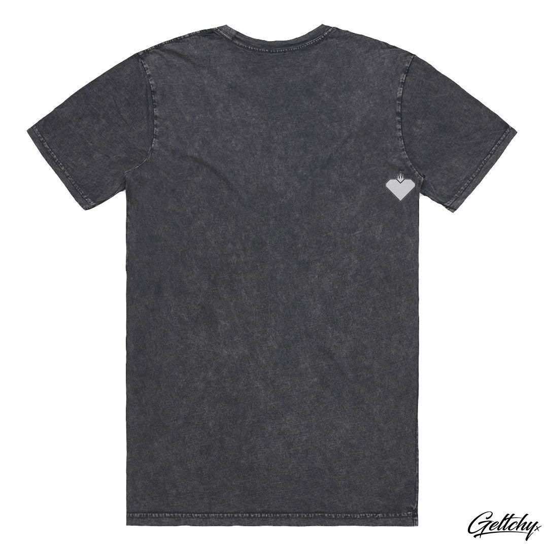 AUTHORITY - Mens Black Stone Wash Sacrifice Industries Script Logo T-Shirt makes a a bold and stylish statement. The regular fit and crew neck provide a comfortable and classic silhouette that suits any occasion. Back View